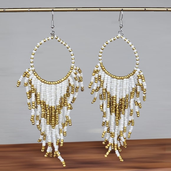 Boheme Jewelry - Jika Ethnic White Handmade Beaded Earrings Tribal Jewelry Dangle Chandelier